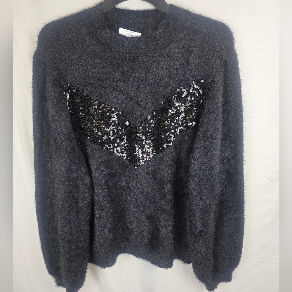 Cara Satana x Nine West Black Fuzzy Sequin Embellished Sweater Sz XL